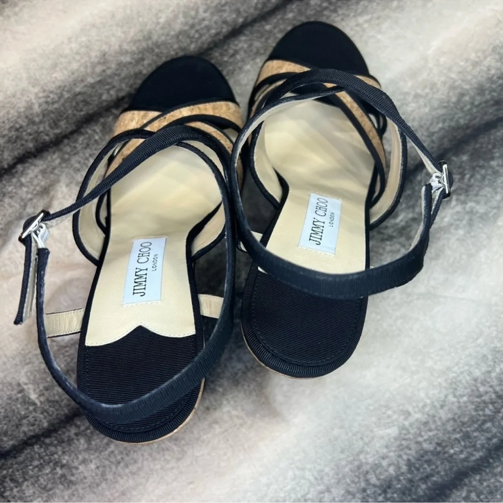 Jimmy Choo Alissa 120 mm Natural Black Cork Grosgrain Wedge Platform Heels